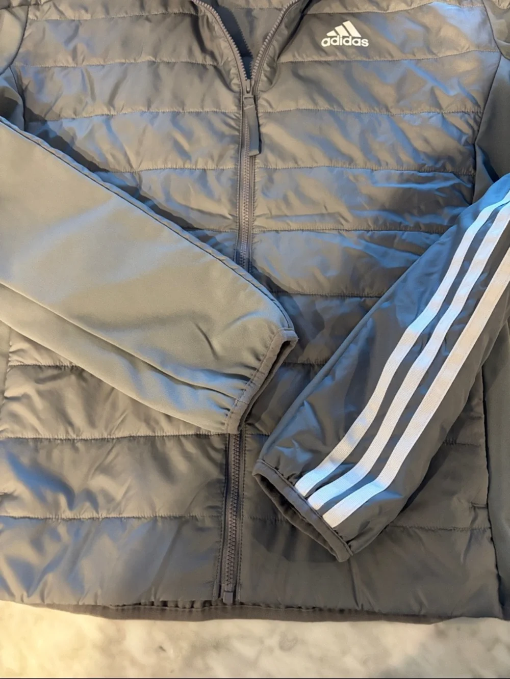 adidas Gray Hooded Quilted Jacket with White Stripes